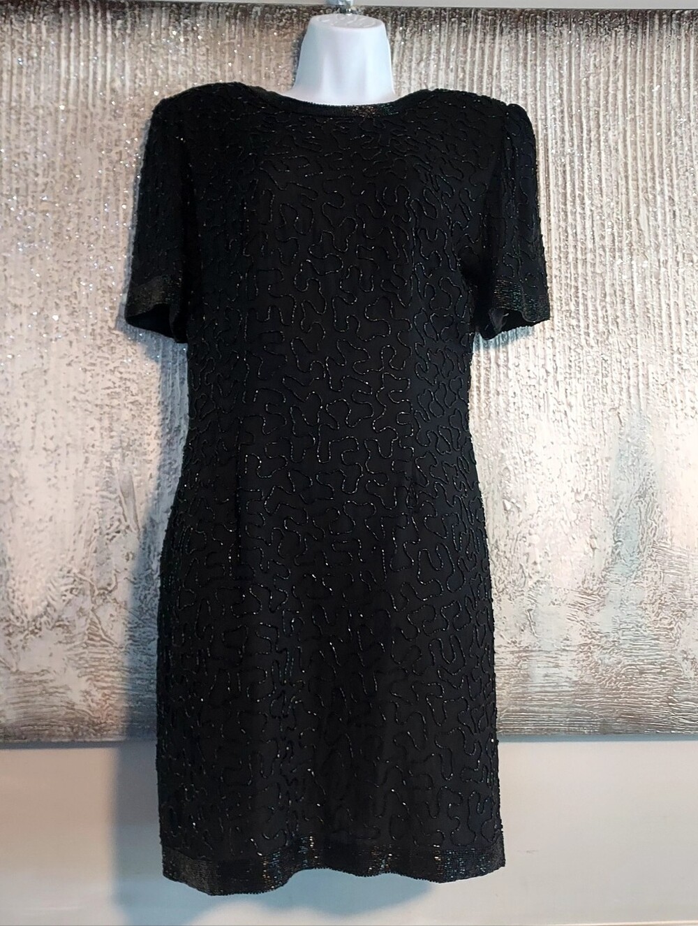 STENAY Vintage  100% Silk Black Beaded Short Sleeve Formal Shift Dress Sz-10